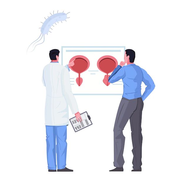 A man showing signs of cystitis during a consultation with a urologist